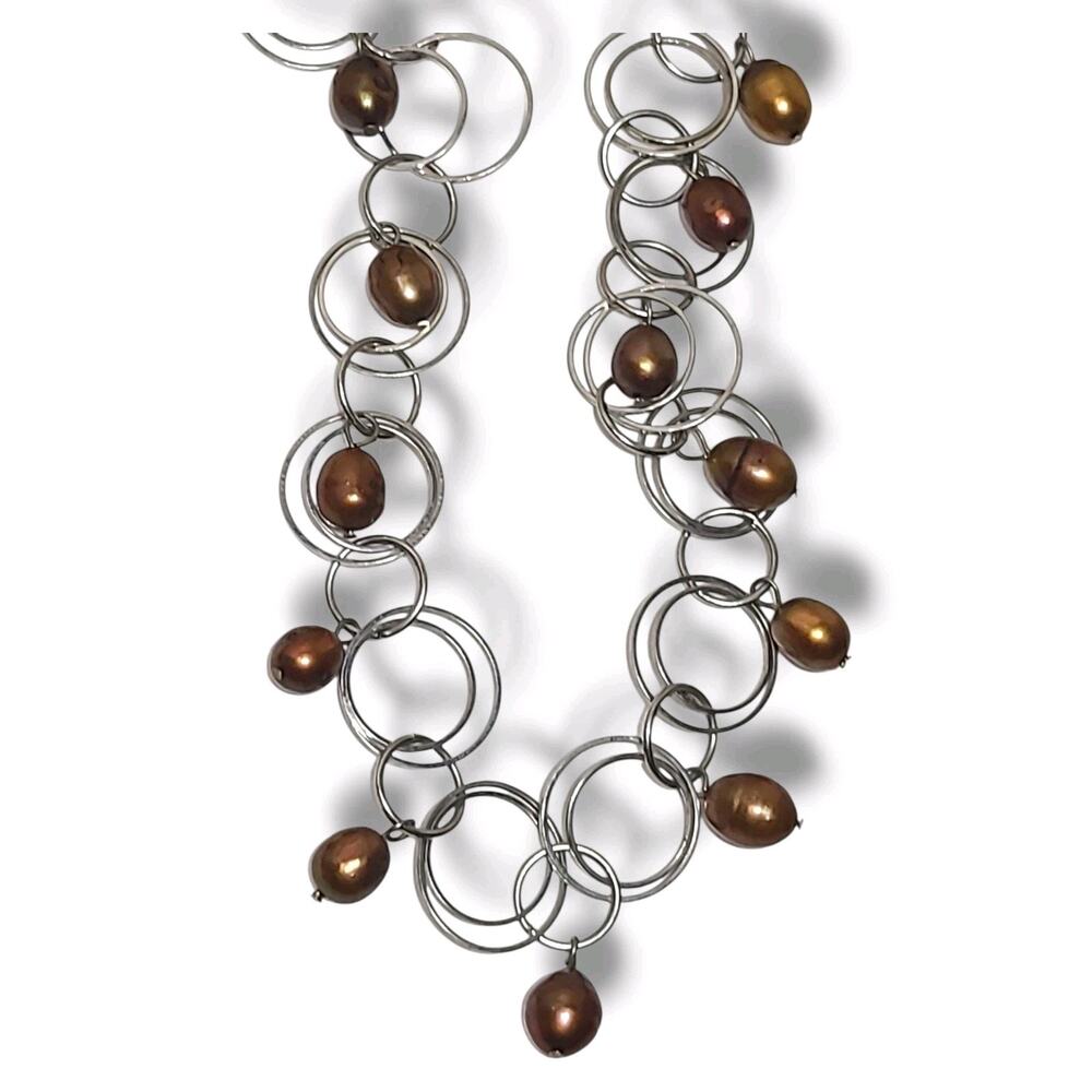 Silver Tone Hoop Chain Bronze Potato Freshwater Pearls Station Necklace